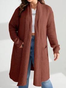 Calvaya 大碼素色落肩袖開門襟雙口袋開襟衫 - 紅木色 - 查看 6