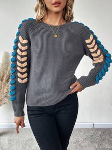 SHEIN LUNE Cut Out Raglan Sleeve Ribbed Knit Sweater - Multicolor - View 5