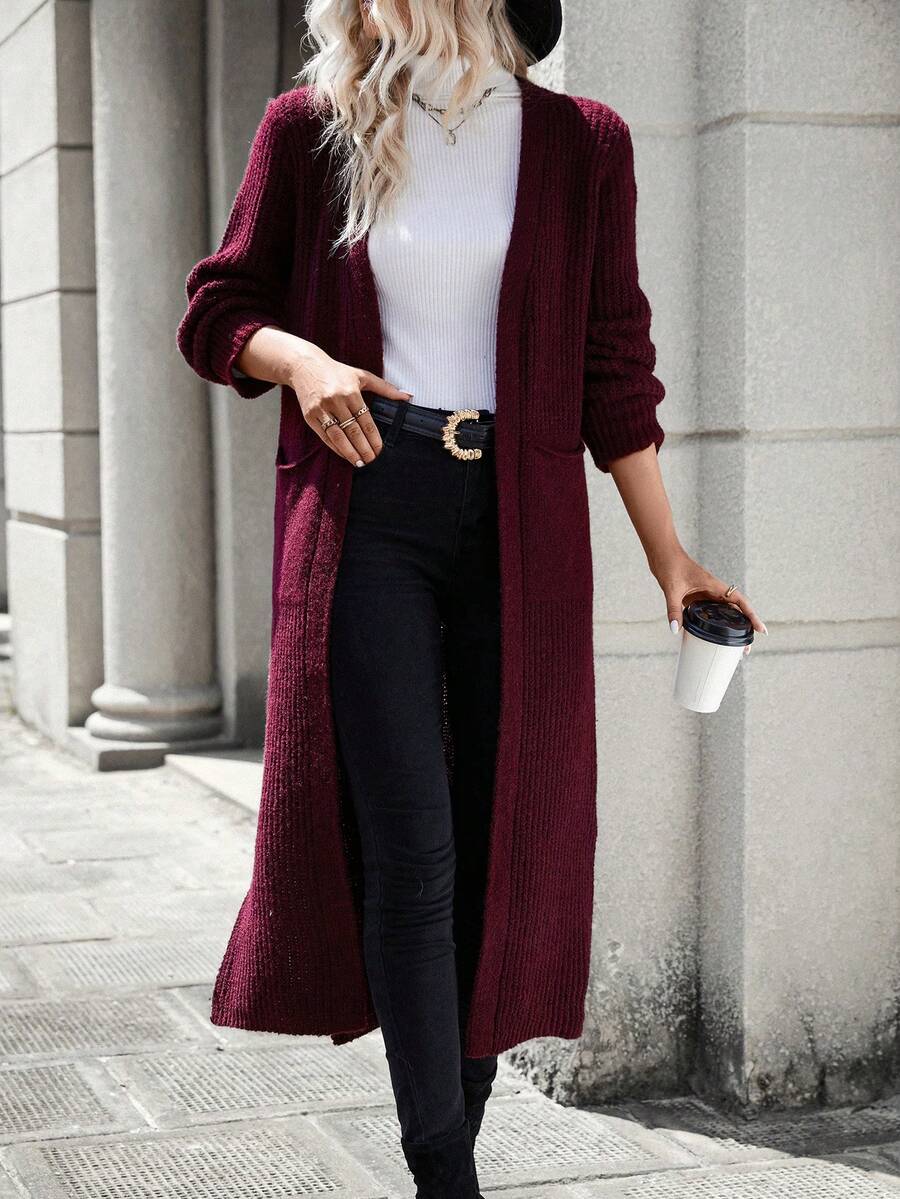 SHEIN Essnce Cárdigan informal con diseño de bolsillo doble - Burdeos - Ver 1