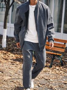 Manfinity Homme Men Plus Zip Up Bomber Jacket & Sweatpants - Grey - View 3