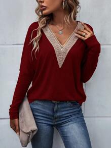 SHEIN LUNE Guipure Lace Panel Batwing Sleeve Tee - Burgundy - View 6
