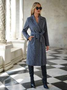 EURMUSE Lapel Neck Double Breasted Overcoat - Black and White - View 6