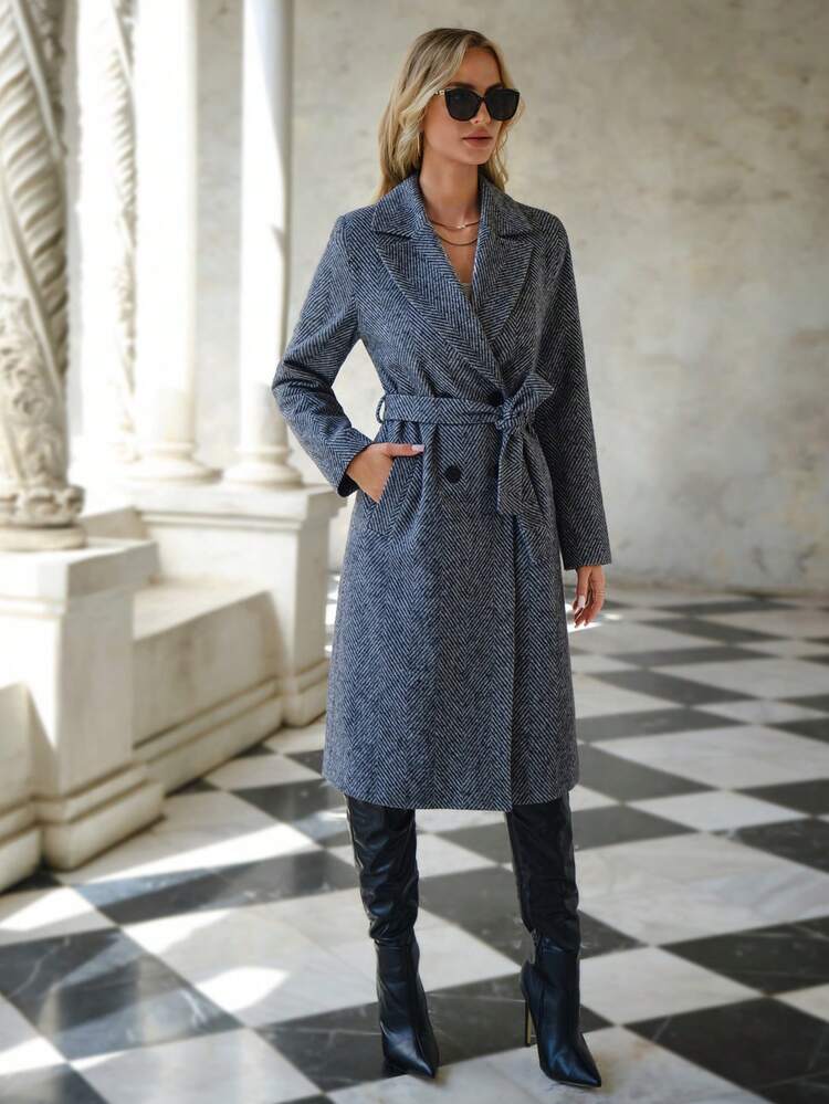 EURMUSE 西裝領雙排釦花呢外套 - 黑與白 - 查看 6