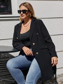 RueChic Plus Lapel Neck Double Breasted Coat - Black - View 4