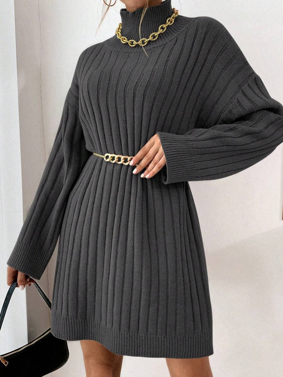 EURMUSE High Neck Drop Shoulder Ribbed Knit Sweater Dress Without Belt - Grey - View 1