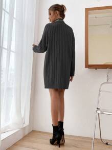EURMUSE High Neck Drop Shoulder Ribbed Knit Sweater Dress Without Belt - Grey - View 2
