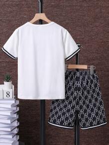 SHEIN Tween Boy Summer Casual Streetwear Daily Commute Letter Print Contrast Striped Tape Trim Short Sleeve T-Shirt And Shorts Set - Black - View 2