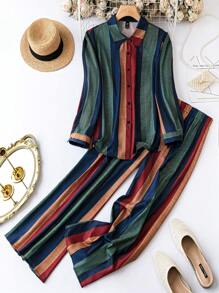 SHEIN LUNE Plus Striped Print Shirt & Wide Leg Pants - Multicolor - View 1