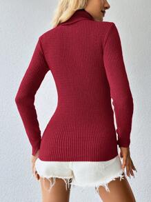 SHEIN Cottnline Turtleneck Ribbed Knit Sweater - Red - View 2
