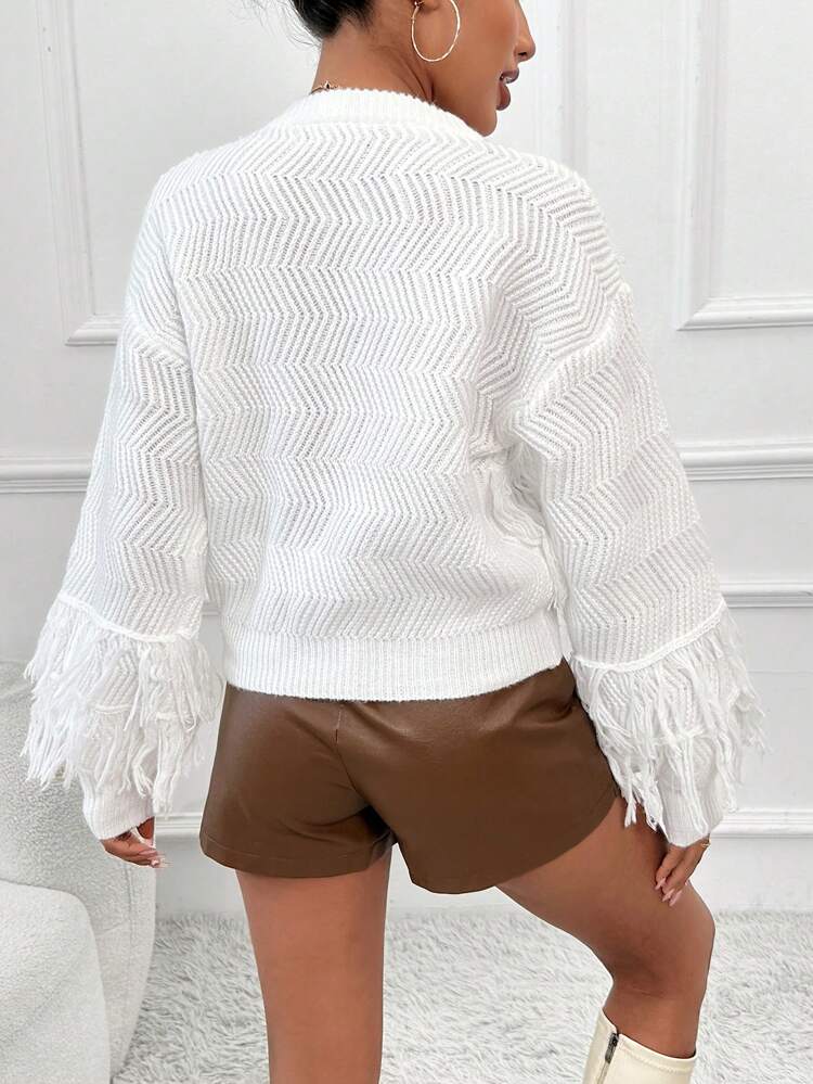 Fringe Trim Drop Shoulder Knit Pullover Fall Winter Sweater