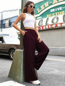 SHEIN Unity Pantalones de pierna ancha unicolor - Burdeos - Ver 5