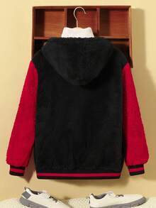 SHEIN 男大童字母刺繡撞色連帽毛絨夾克無毛衣 - 紅色 - 查看 2