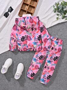 SHEIN Young Girl Cartoon Graphic Zipper Up Hooded Jacket & Pants Without Tee - Multicolor - View 2