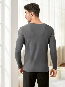 Nam Chất rắn Áo lót giữ nhiệt hàng đầu - Màu xám đen - Xem 2
