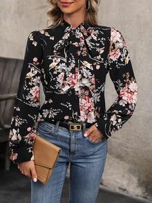 SHEIN LUNE 印花繫帶領襯衫 - 黑色 - 查看 5