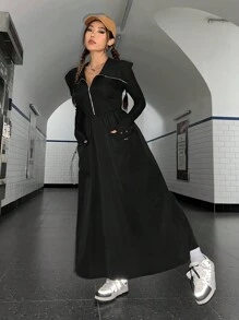 SHEIN EZwear Dây kéo Túi Kép Đầm - màu đen - Xem 3