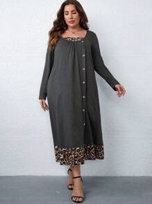 SHEIN LUNE 大碼豹紋印花紐扣細節洋裝 - 灰色 - 查看 1
