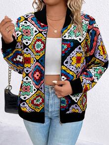 SHEIN LUNE 大碼圍巾圖案拉鏈開襟飛行員夾克 - 彩色 - 查看 3