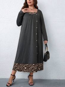 SHEIN LUNE 大碼豹紋印花紐扣細節洋裝 - 灰色 - 查看 4
