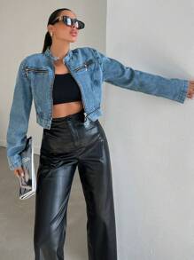 EURMUSE Women's Casual Cropped Denim Jacket, Autumn - Blue - View 7