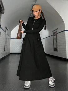 SHEIN EZwear Dây kéo Túi Kép Đầm - màu đen - Xem 6