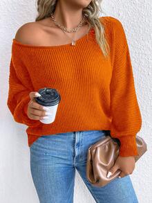 SHEIN LUNE Talla grande Jersey tejido de canalé de manga murciélago - Naranja - Ver 3