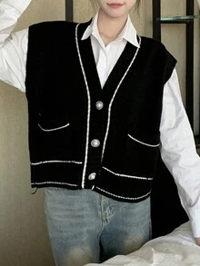 Women's Loose Fit Color Block Trim Knit Vest - Black - View 2