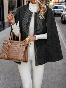 SHEIN Clasi In sọc áo tay cánh Áo khoác Cape - màu đen - Xem 6