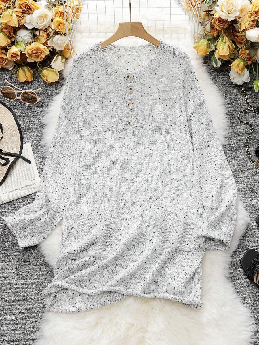 SHEIN LUNE 加大码半扣落肩混色针织套头衫秋冬毛衣 - 灰色 - 查看 1