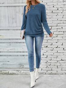 EMERY ROSE Button Detail Ruched Side Tee Fall Cloth For Women - Blue - View 3