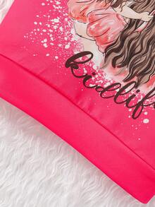 SHEIN Young Girl Letter & Figure Graphic Drop Shoulder Sweatshirt - Hot Pink - View 4