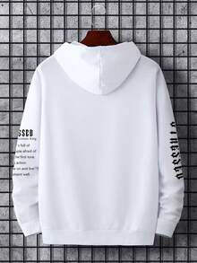 Manfinity Homme 男士大码標語圖案袋鼠口袋抽繩連帽衫 - 白色 - 查看 2