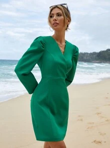 EURMUSE Women's Solid Color Overlap V-Neck Gigot Sleeve Fashionable Dress - Green - View 3