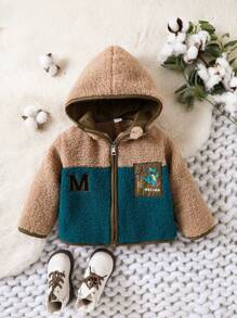 Baby Boy Letter Embroidery Colorblock Zip Up Hooded Teddy Coat