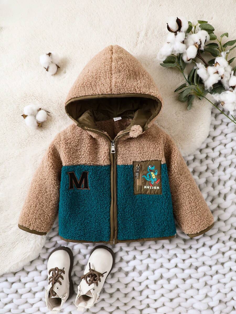 Baby Boy Letter Embroidery Colorblock Zip Up Hooded Teddy Coat