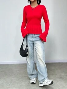 SHEIN Essnce Solid Flare Sleeve Sweater - Red - View 5