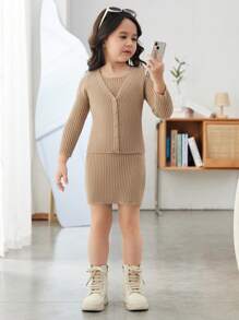 SHEIN Young Girl Ribbed Knit Cardigan & Sweater Dress - Khaki - View 5