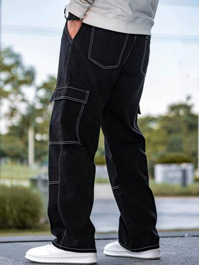 Manfinity Roghcode Loose Men's Top Stitched Drawstring Waist Cargo Jeans Baggy Long Washed Skater Jean Plain Black Going Out Y2K Friends Work Going Out Urban Vacation