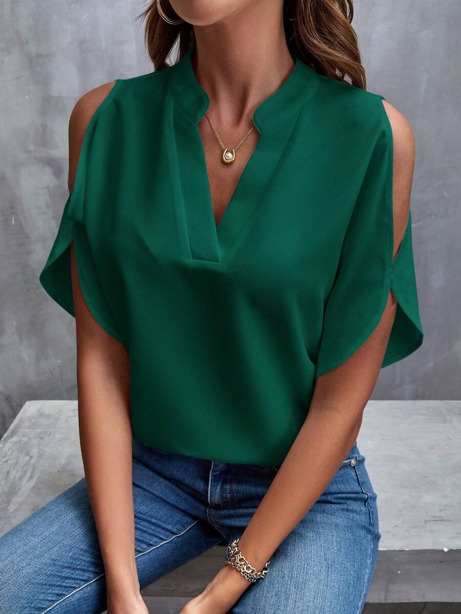 SHEIN Clasi 素色挖肩蝙蝠袖襯衫 - 墨綠色 - 查看 1