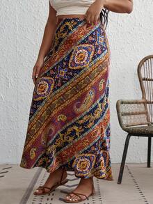 SHEIN VCAY 大碼魚尾裙下擺佩斯利印花半身裙 - 藍色 - 查看 3