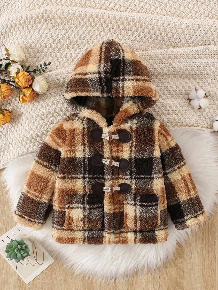 男嬰格紋圖案雙排釦連帽搖粒絨外套 - 彩色 - 查看 1