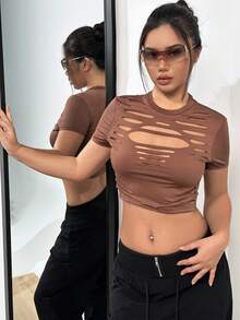 VaVaBold 前鏤空短款T恤 - 咖啡棕 - 查看 5