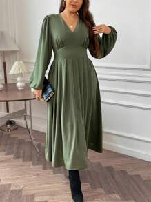 Flirla Plus V Neck Lantern Sleeve Fold Pleated Detail Dress - Army Green - View 4