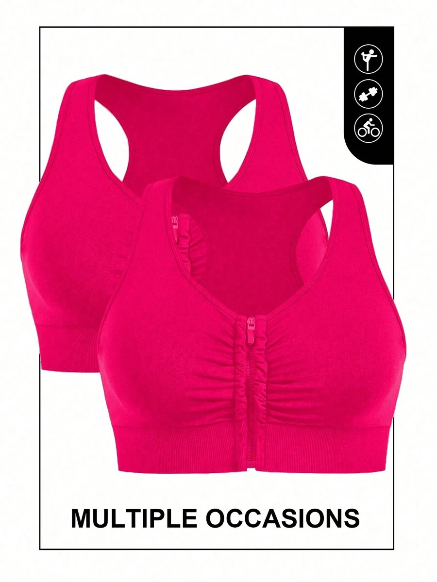 2 paquetes de sujetador deportivo de talla grande con fruncidos en la parte delantera - Rosa Fucsia - Ver 1