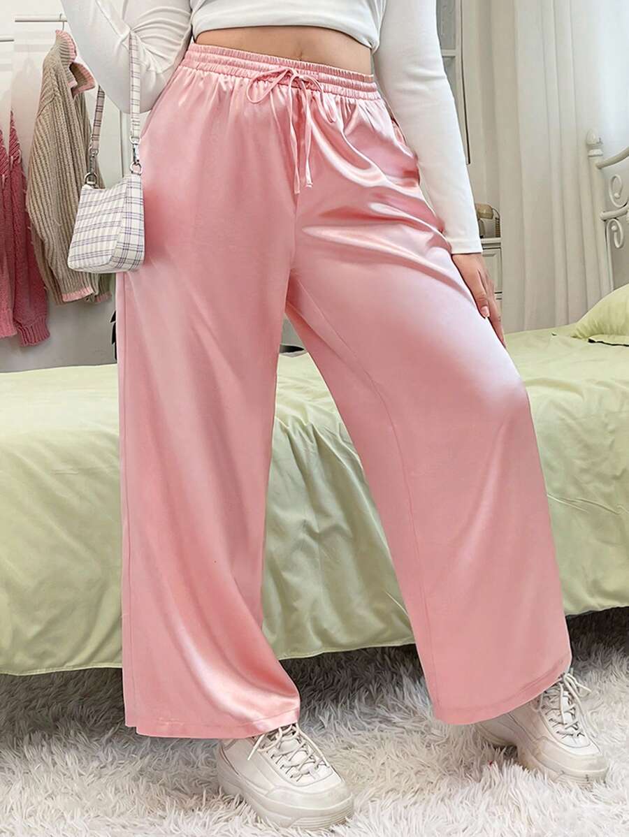 SHEIN EZwear 大碼腰部抽繩闊腿緞面長褲 - 淺粉色 - 查看 1