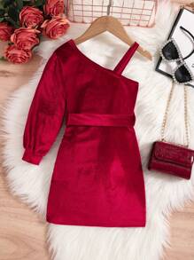 SHEIN Young Girl Asymmetrical Neck Ruched Belted Dress - Red - View 2