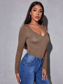 SHEIN Essnce Scoop Neck Fitted Solid Tee - Mocha Brown - View 4