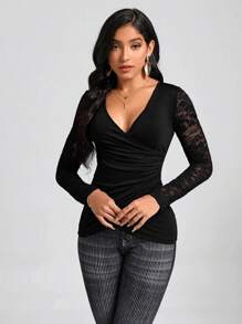 SHEIN Clasi Contrast Lace Ruched Side Wrap Cross Tee - Black - View 4