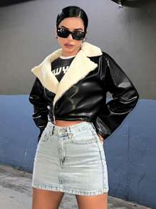 RueChic Teddy Lined Zip Up Crop PU Leather Moto Jacket - Black - View 1