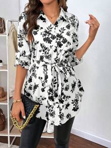 SHEIN Clasi Floral Print Belted Shirt - Black and White - View 1